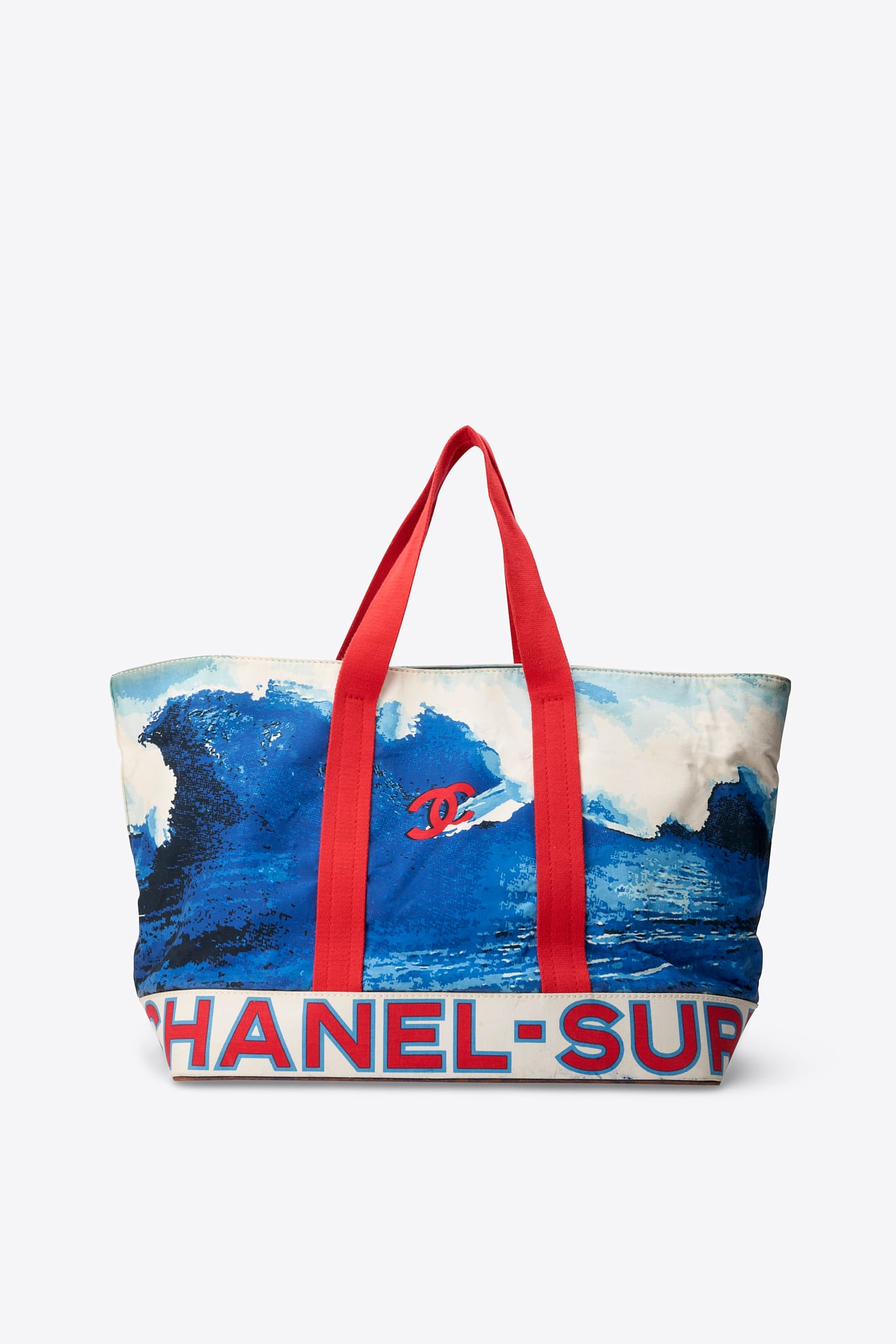 Vintage Chanel Surf Tote Bag Blue Canvas With Red Straps