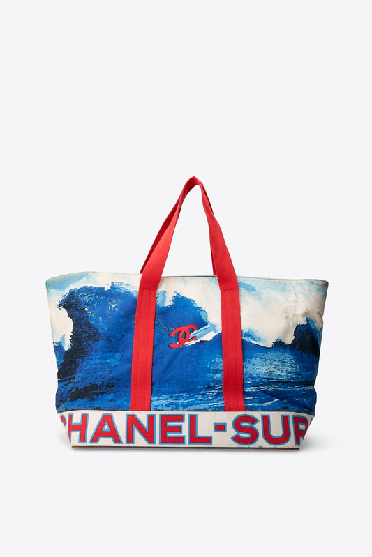 Vintage Chanel Surf Tote Bag Blue Canvas With Red Straps