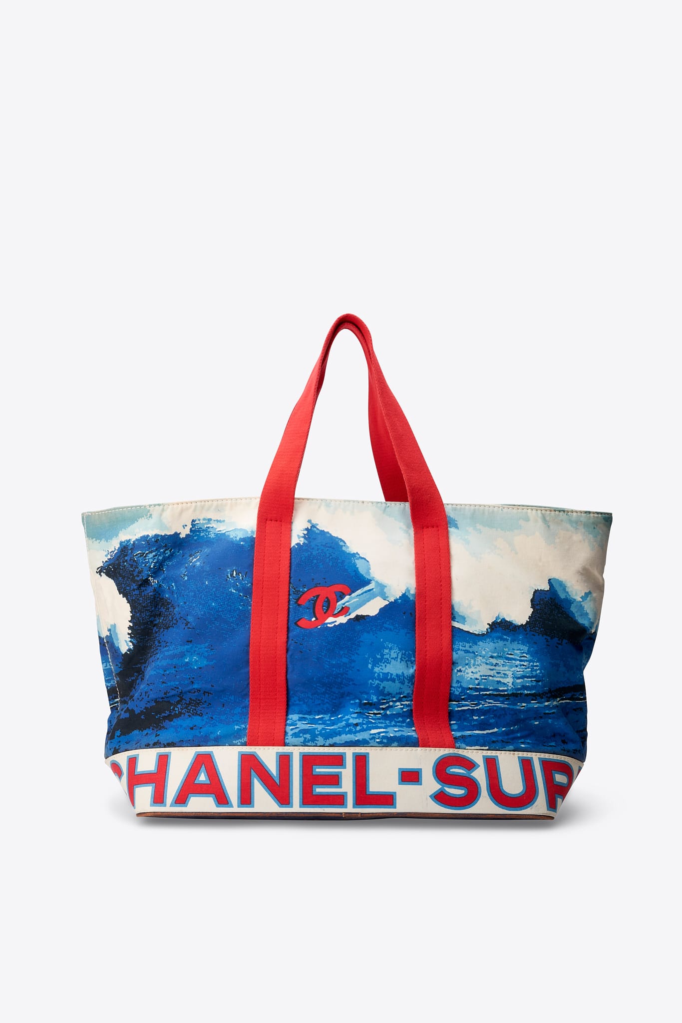 Vintage Chanel Surf Tote Bag Blue Canvas With Red Straps