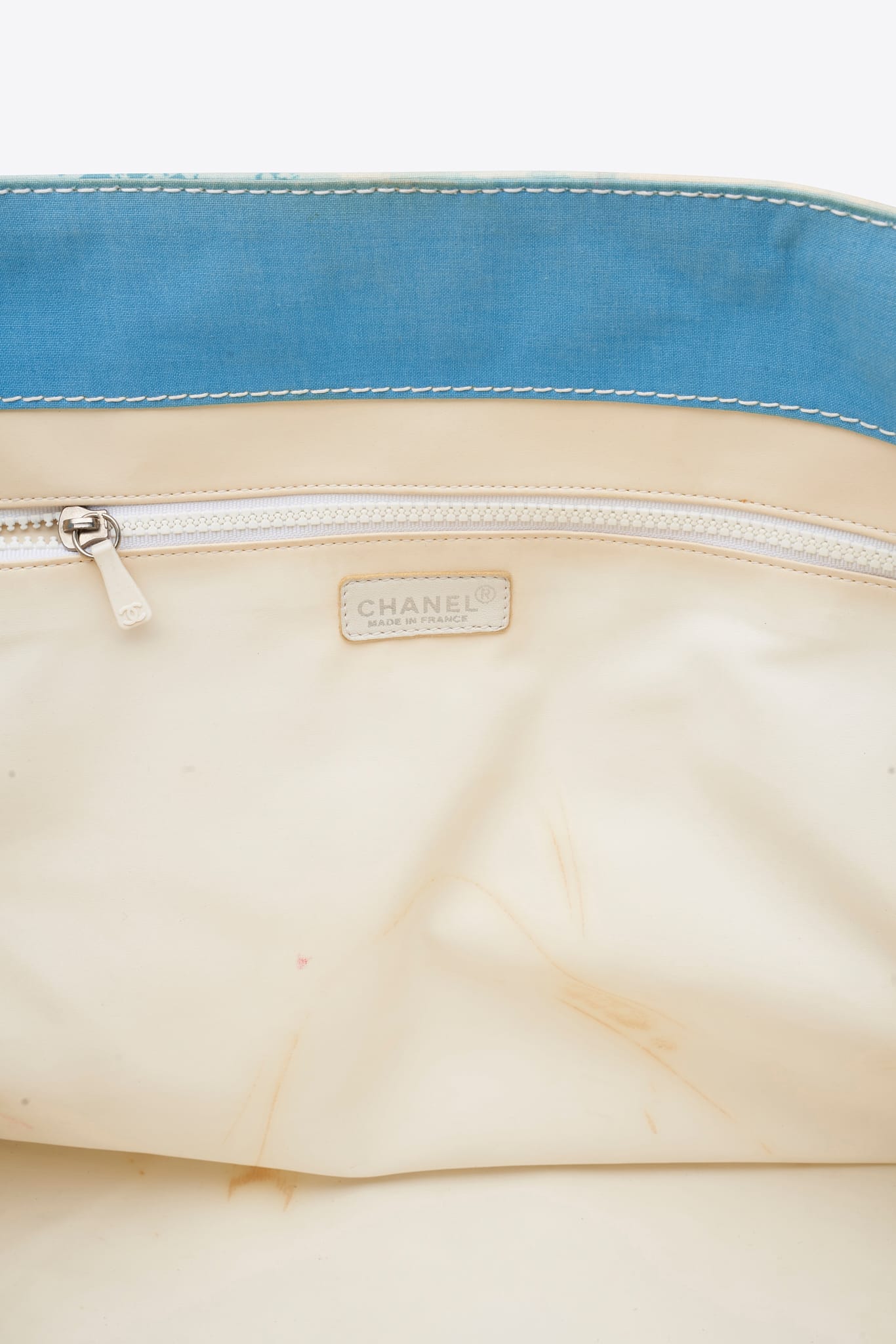 Vintage Chanel Surf Tote Bag Blue Canvas With Red Straps