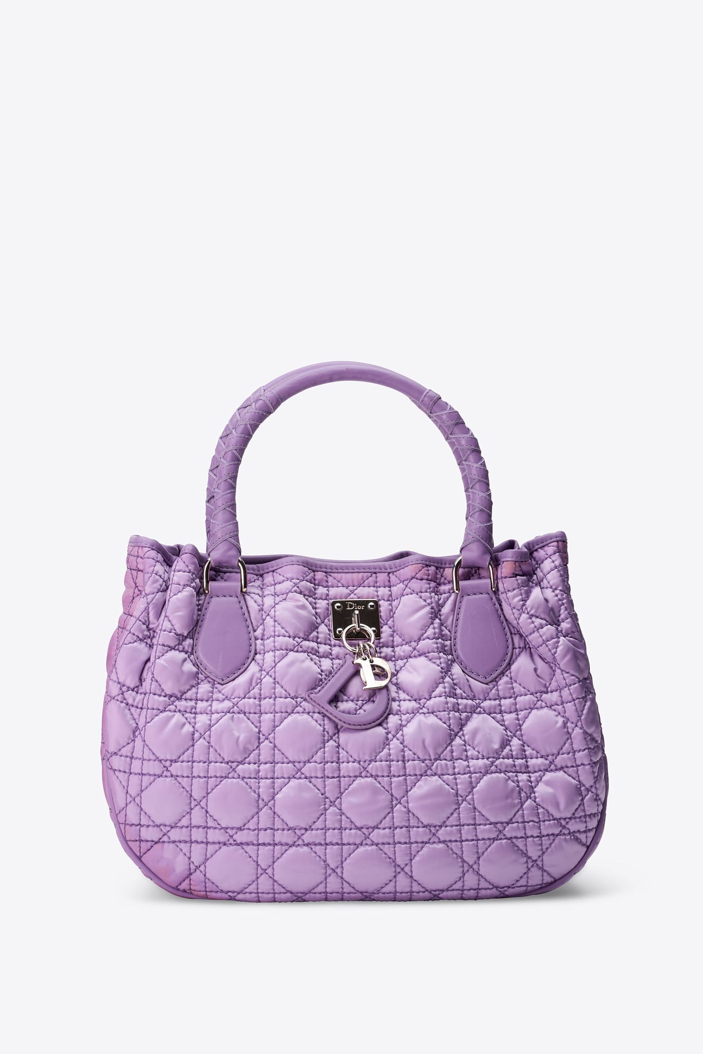 Vintage Christian Dior Purple Cannage Quilted Satin and Leather Charming Tote Bag