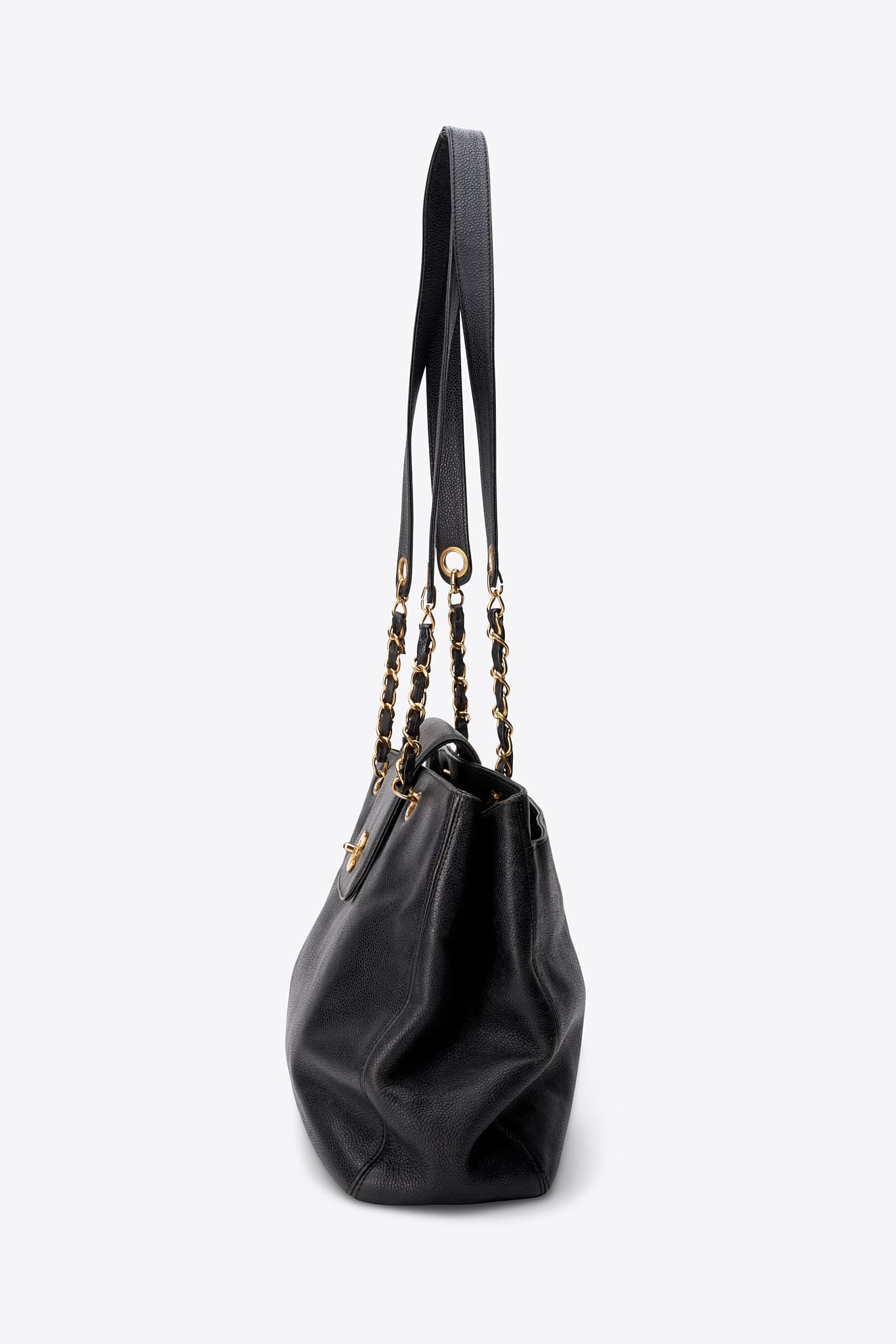 Vintage Chanel Supermodel Tote Bag Black Caviar Leather With 24k Gold Plated Hardware
