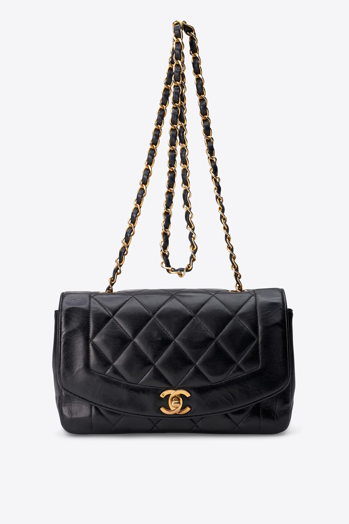 Vintage Chanel Black Lambskin Small Diana Flap Bag With 24K Gold Plated Hardware