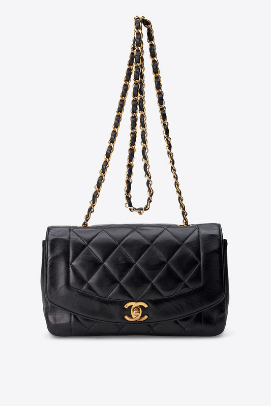 Vintage Chanel Black Lambskin Small Diana Flap Bag With 24K Gold Plated Hardware