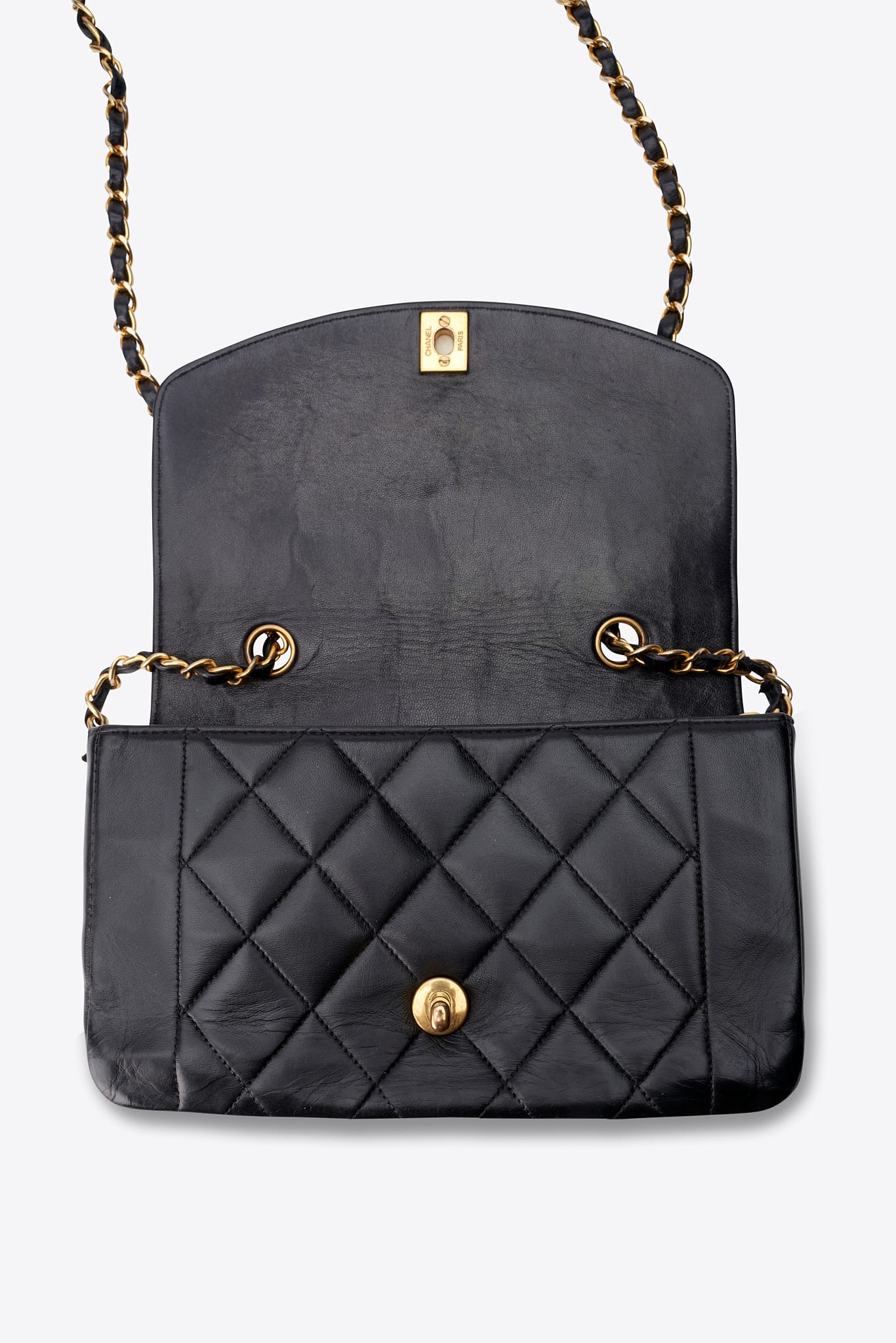 Vintage Chanel Black Lambskin Small Diana Flap Bag With 24K Gold Plated Hardware