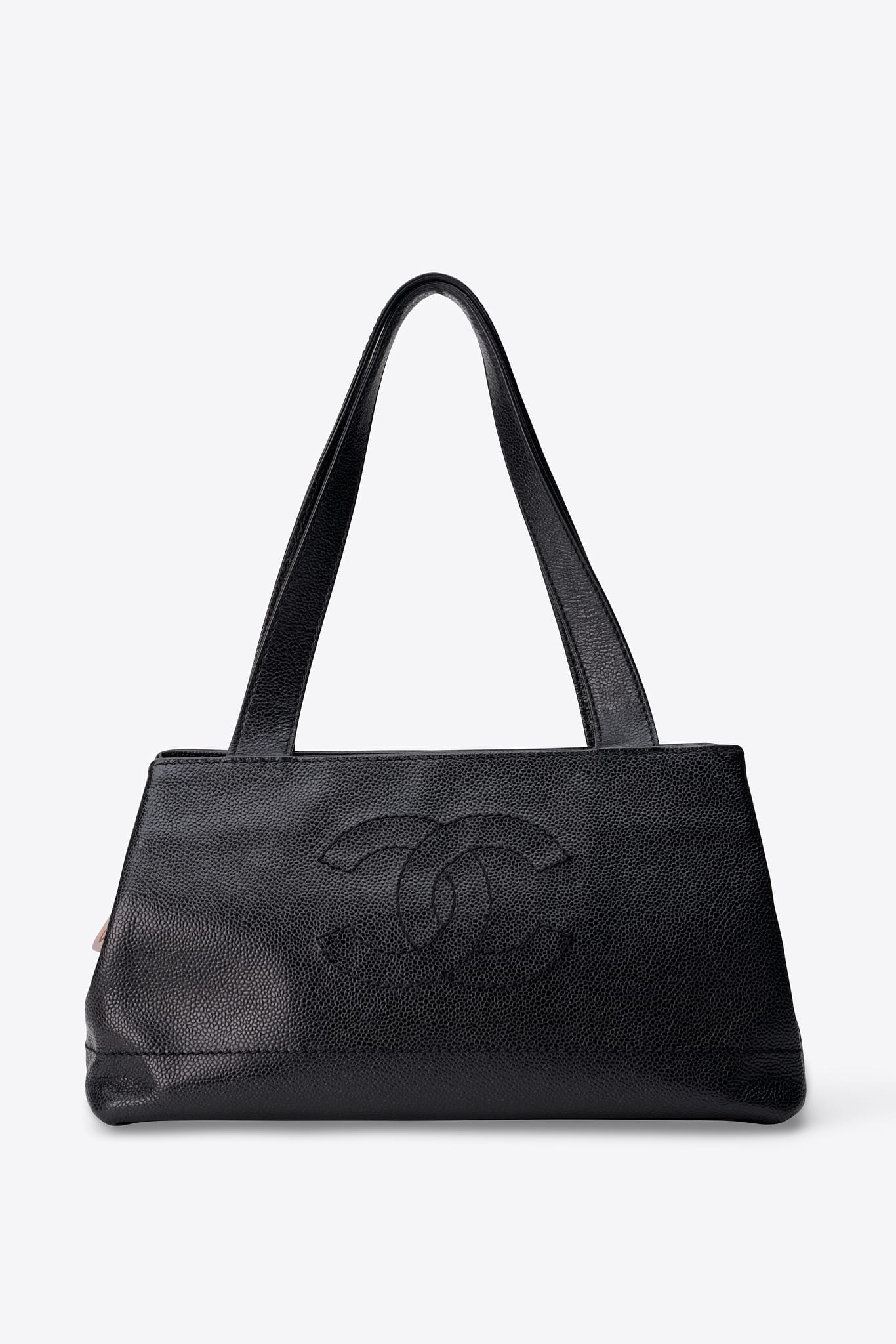 Vintage Chanel Caviar Leather Shoulder Bag with Wood Effect Perspex Puller