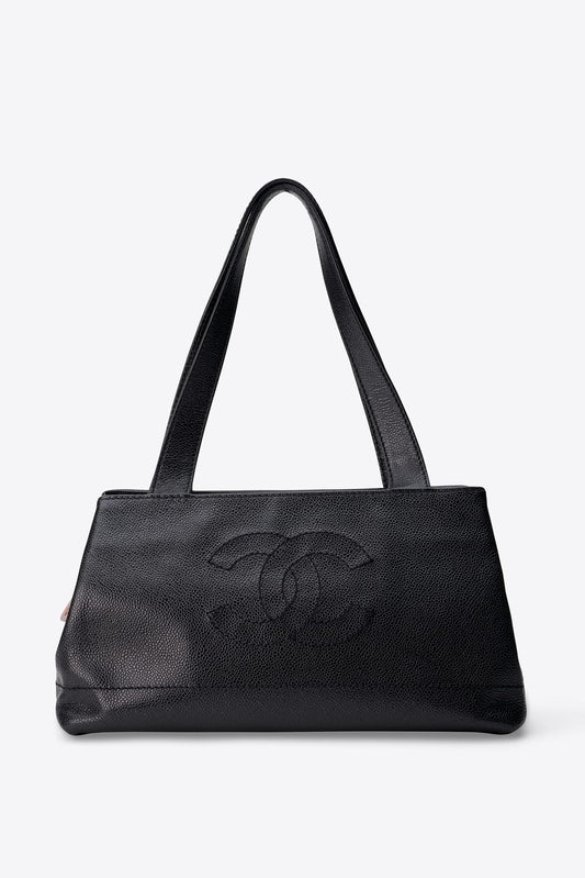 Vintage Chanel Caviar Leather Shoulder Bag with Wood Effect Perspex Puller