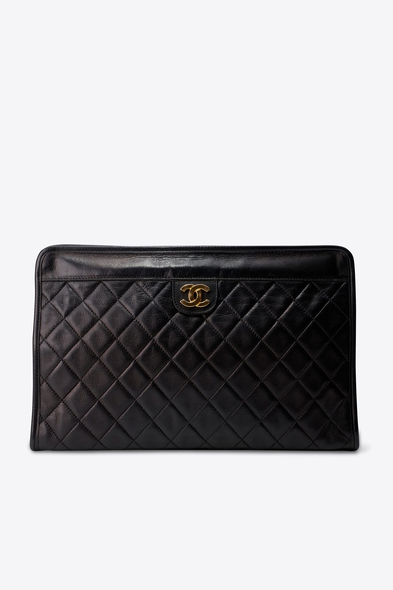 Vintage Chanel Black Leather Clutch Bag With Gold Tone Hardware