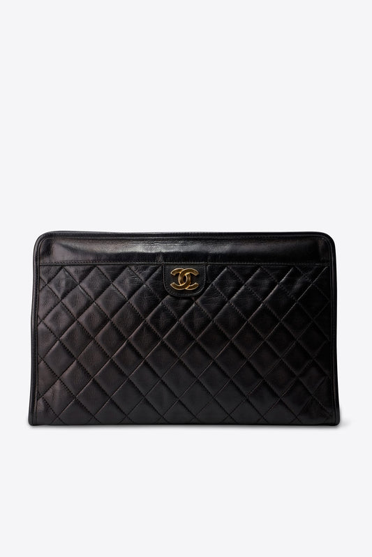 Vintage Chanel Black Leather Clutch Bag With Gold Tone Hardware