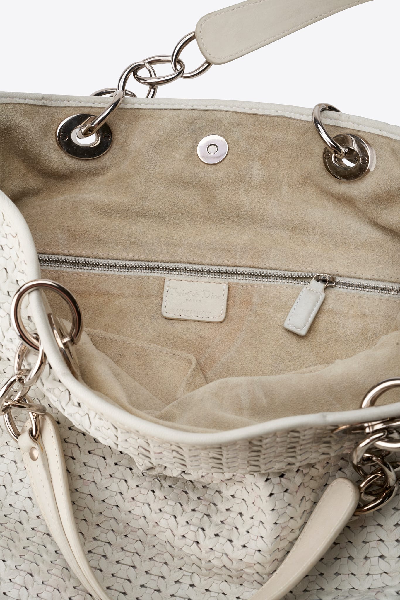 Vintage Christian Dior Woven Tote Bag in White and Silver