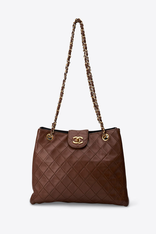 Vintage Chanel Quilted Brown Lambskin Tote Bag with 24k Gold Plated Hardware