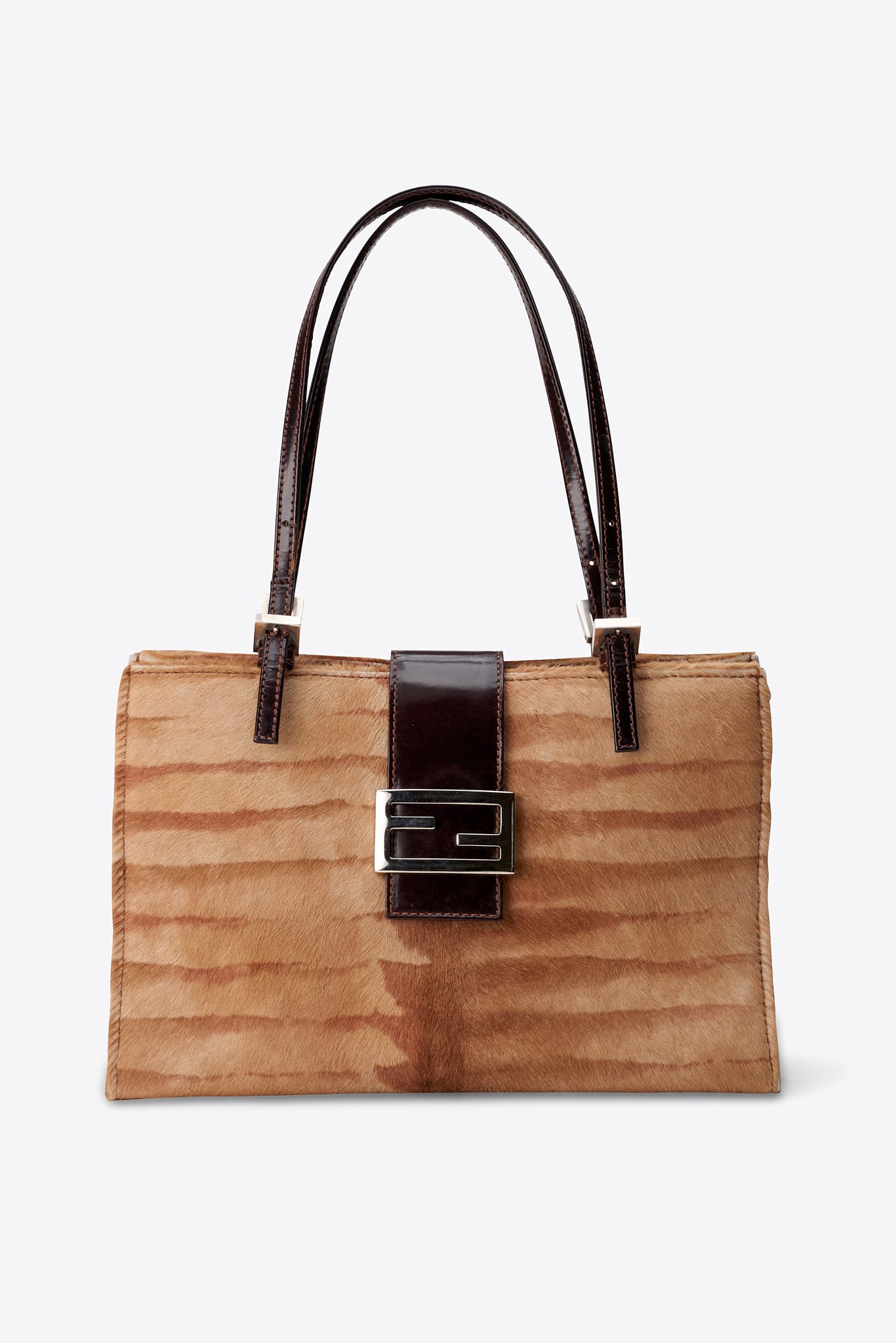 Vintage Fendi Calf Hair Shoulder Bag in Camel and Brown Leather