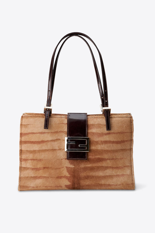 Vintage Fendi Calf Hair Shoulder Bag in Camel and Brown Leather
