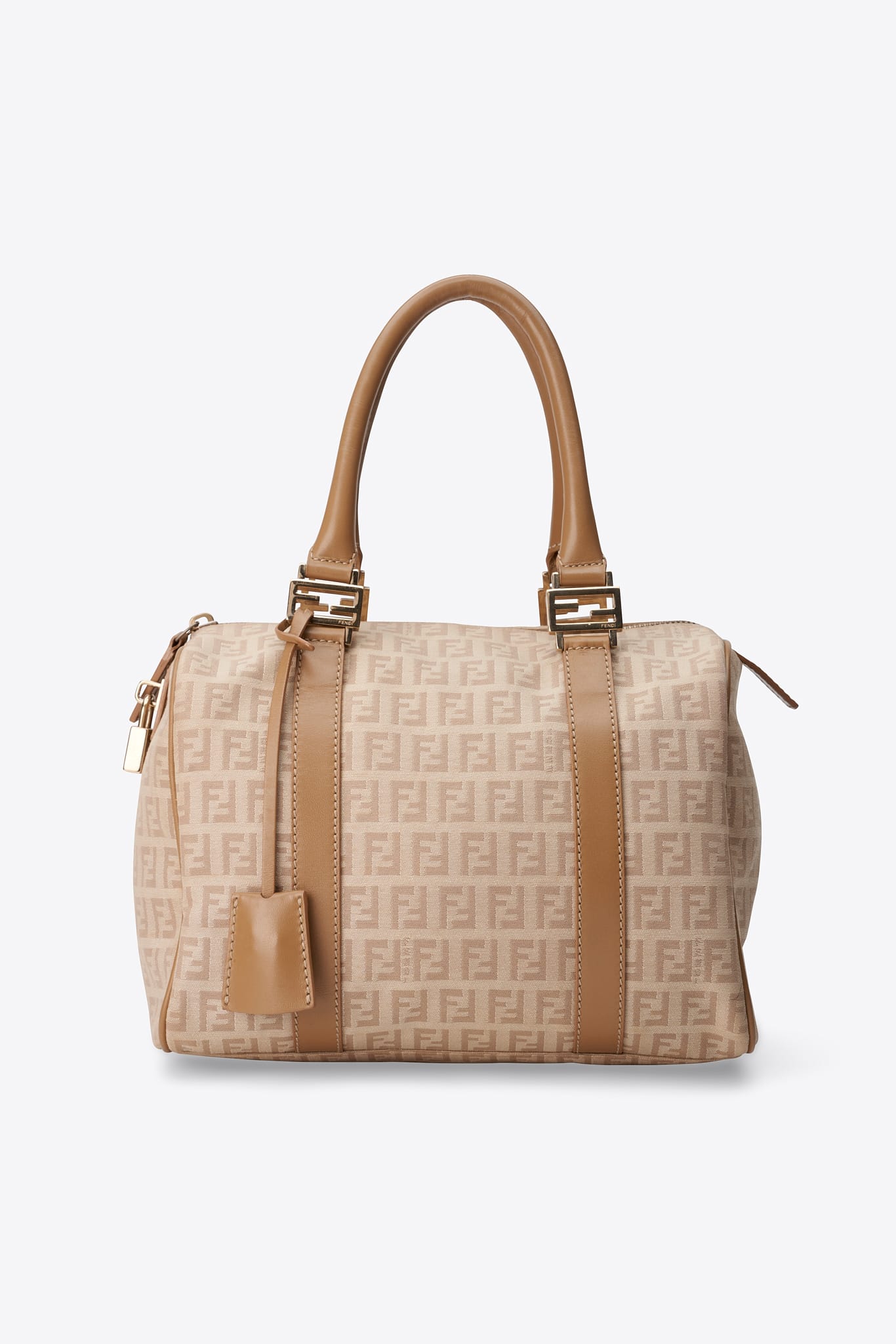 Vintage Fendi Zucchino Boston Bag Cream Canvas With Beige Leather Strap