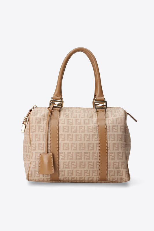 Vintage Fendi Zucchino Boston Bag Cream Canvas With Beige Leather Strap