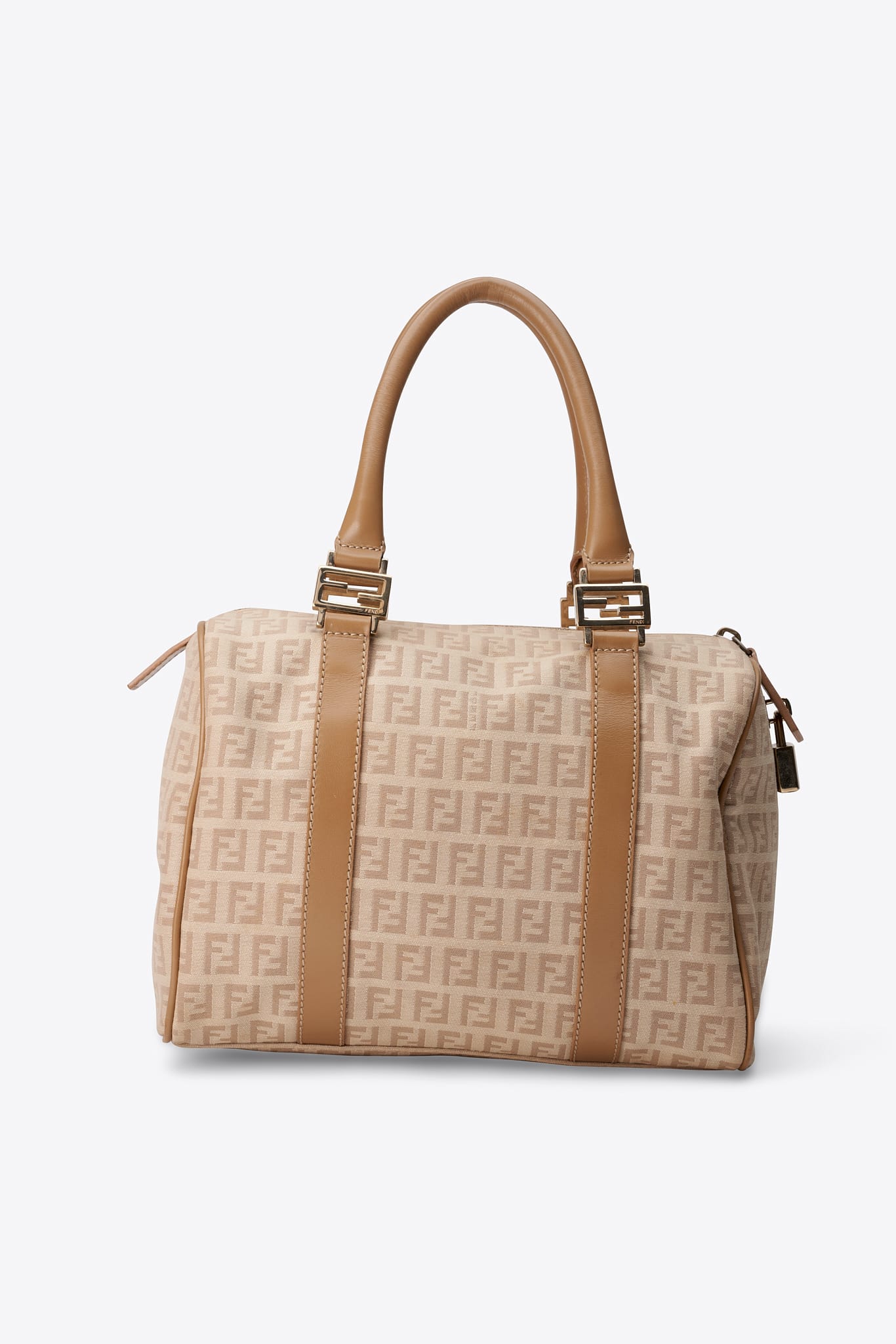 Vintage Fendi Zucchino Boston Bag Cream Canvas With Beige Leather Strap
