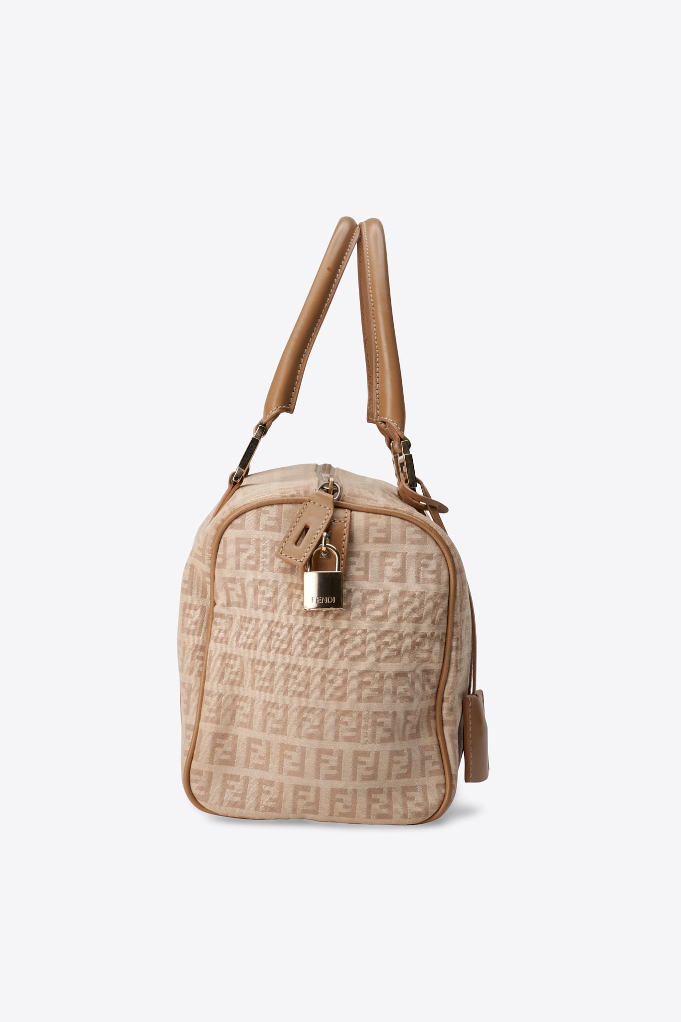 Vintage Fendi Zucchino Boston Bag Cream Canvas With Beige Leather Strap