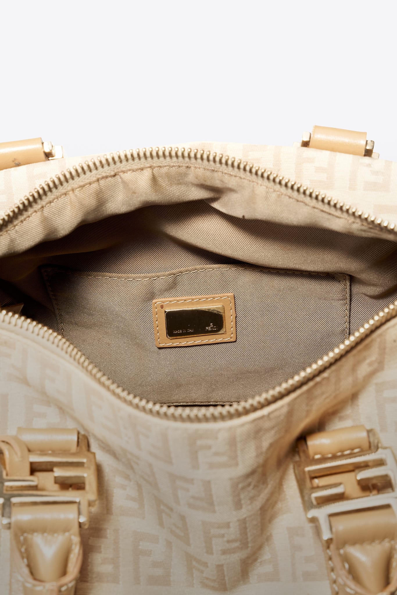 Vintage Fendi Zucchino Boston Bag Cream Canvas With Beige Leather Strap