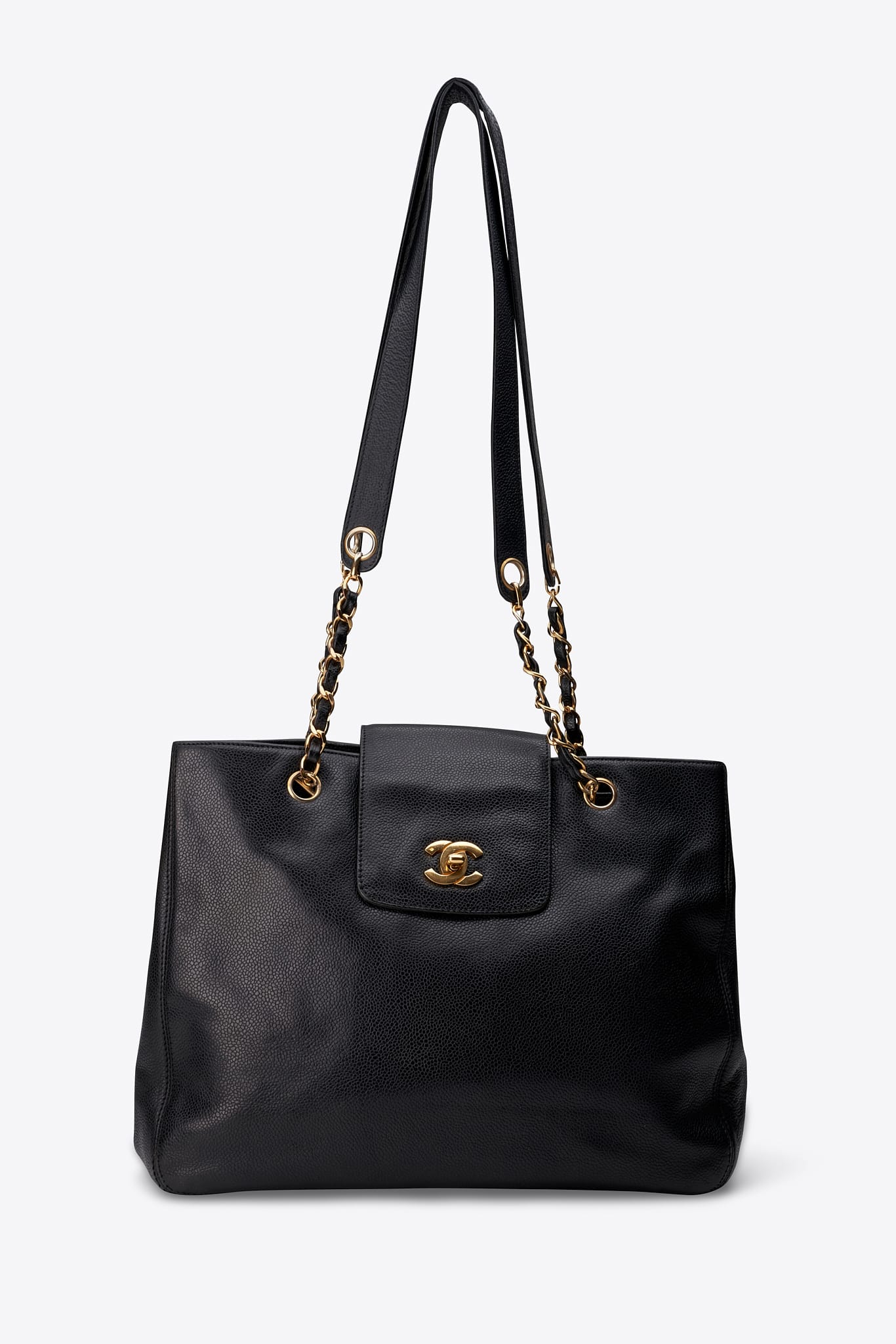 Vintage Chanel Supermodel Tote Bag Black Caviar Leather With 24k Gold Plated Hardware