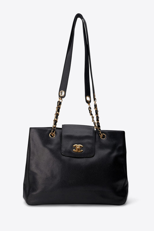 Vintage Chanel Supermodel Tote Bag Black Caviar Leather With 24k Gold Plated Hardware
