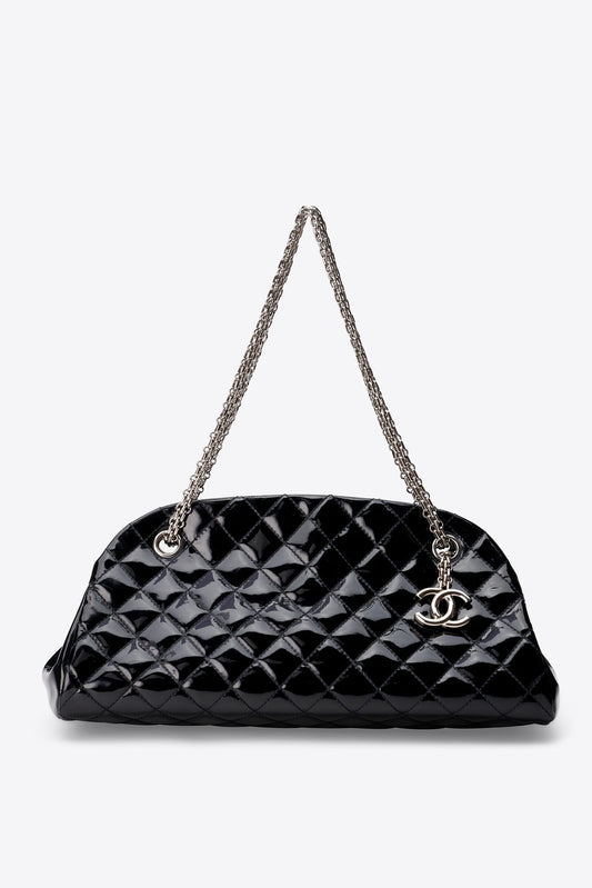 Vintage Chanel Mademoiselle Bowling Bag in Black Patent Leather