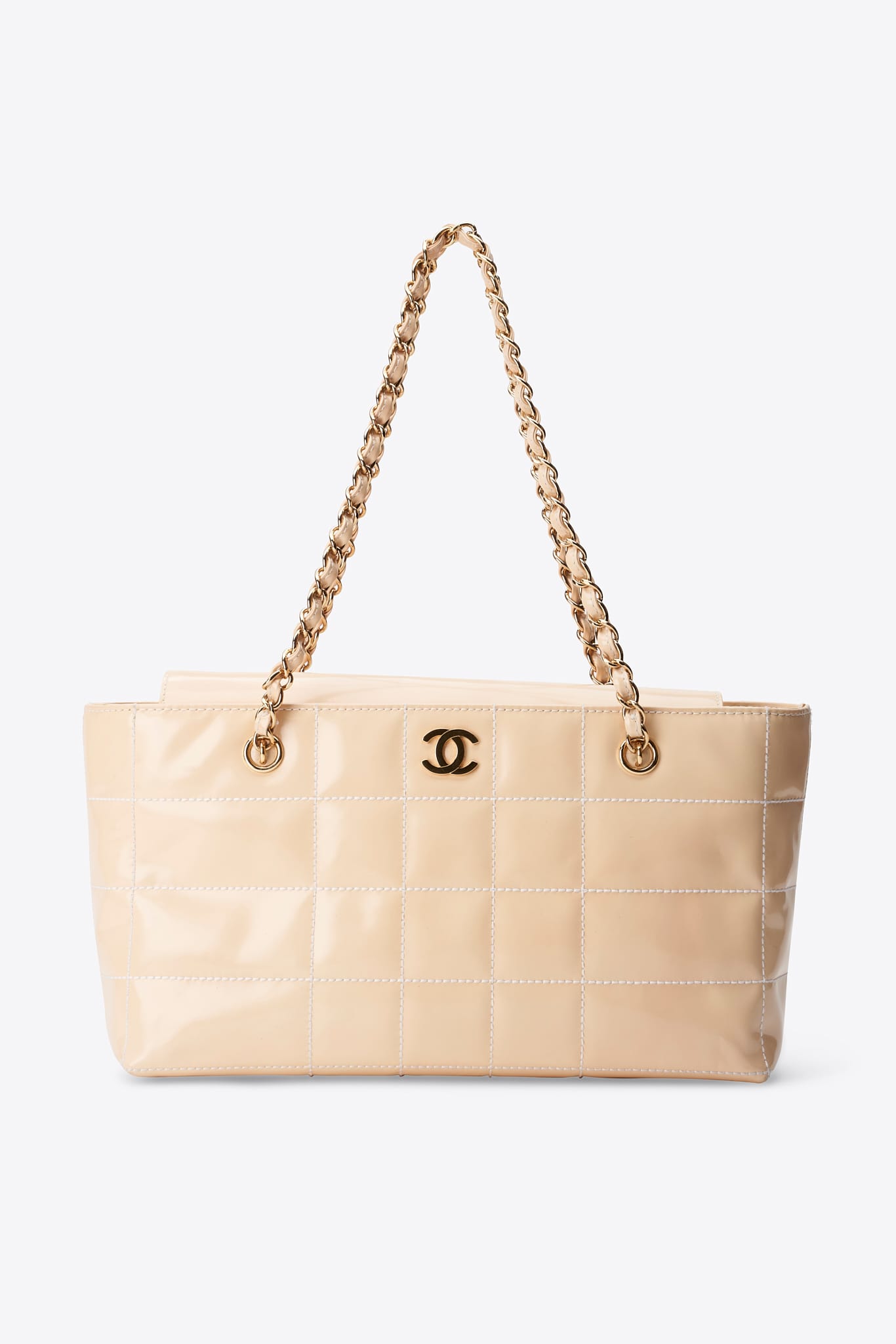 Vintage Chanel Beige Patent Leather Chain Tote Bag