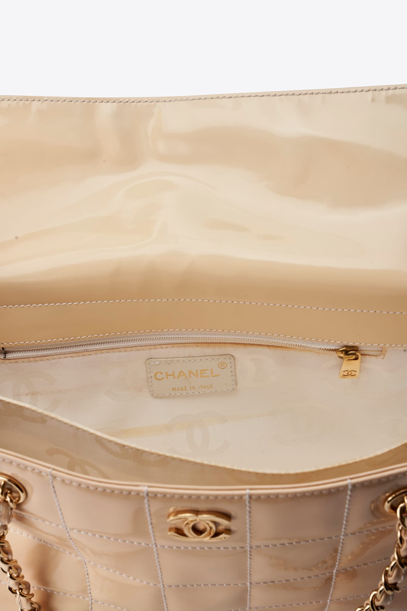 Vintage Chanel Beige Patent Leather Chain Tote Bag