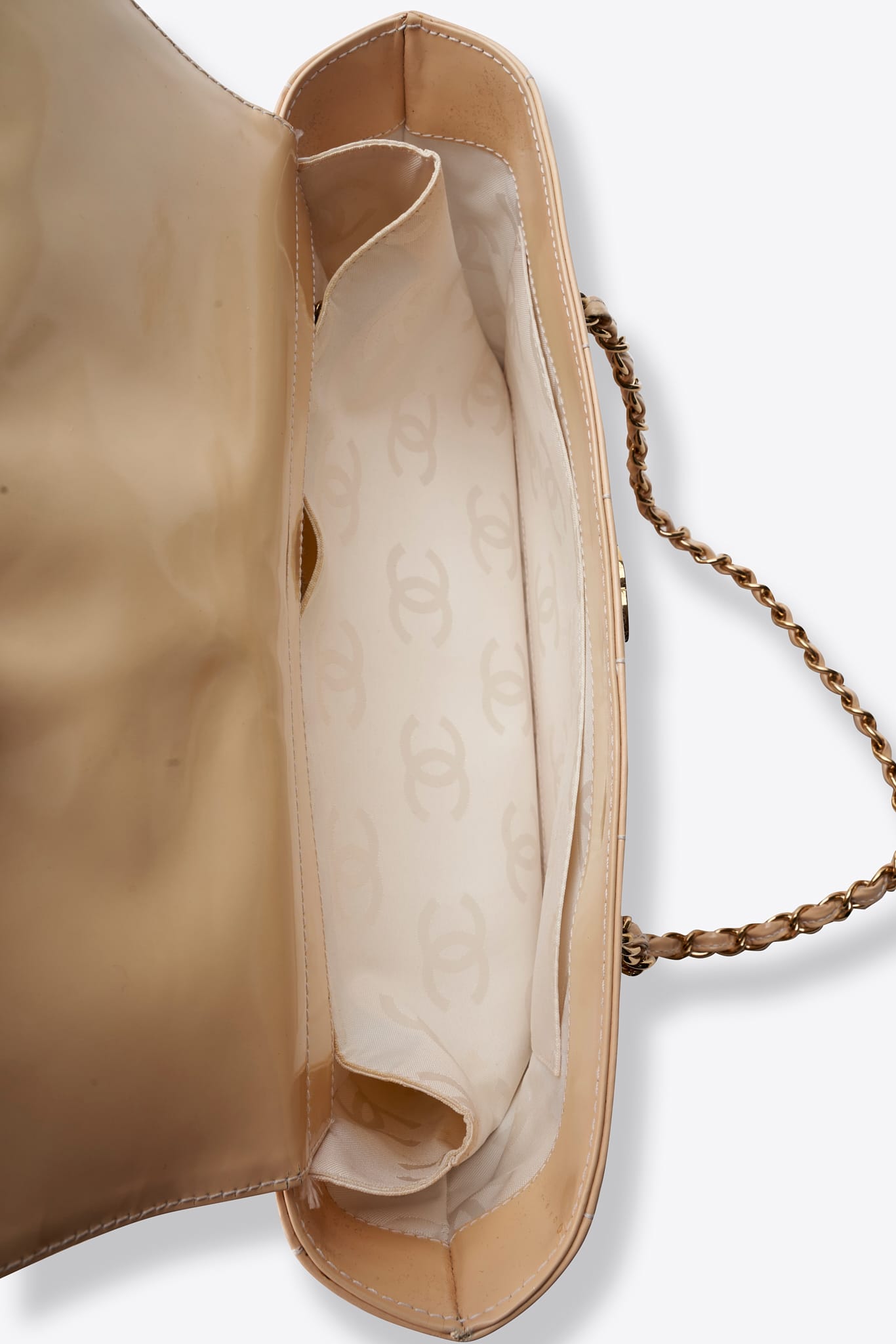 Vintage Chanel Beige Patent Leather Chain Tote Bag