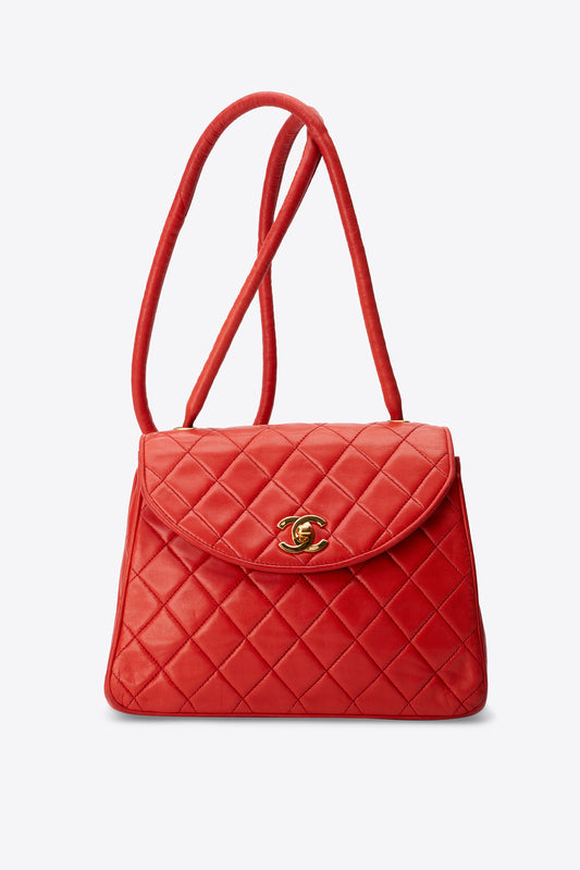 Vintage Chanel Red Quilted Leather Shoulder Bag with 24k Gold Plated Hardware
