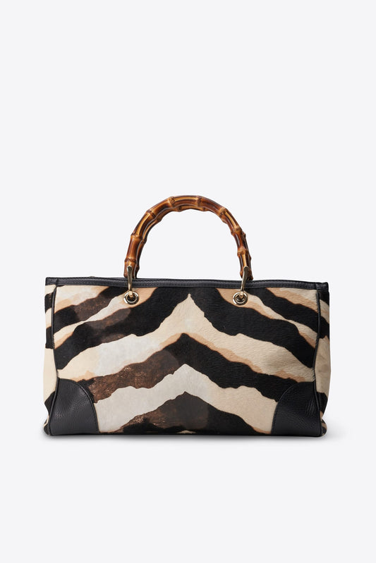 Vintage Gucci Zebra Print Calf Hair Bamboo Tote