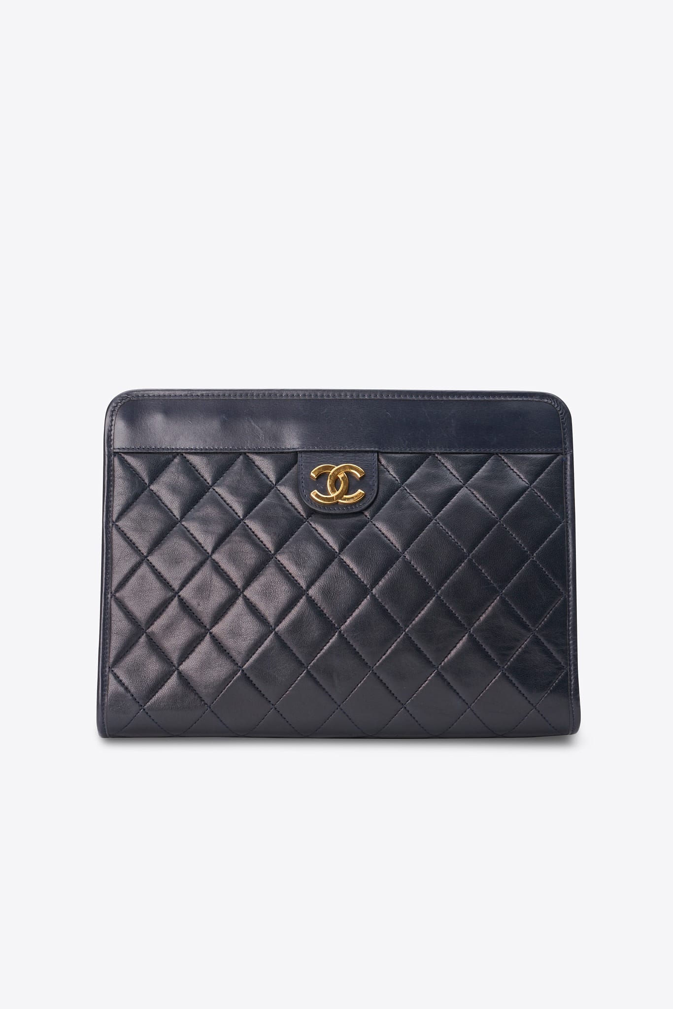 Vintage Chanel Navy Leather Clutch Bag With 24k Gold Plated Hardware