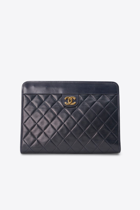 Vintage Chanel Navy Leather Clutch Bag With 24k Gold Plated Hardware