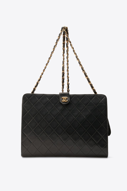 Vintage Chanel Black Quilted Leather Shoulder Bag With 24k Gold Plated Hardware