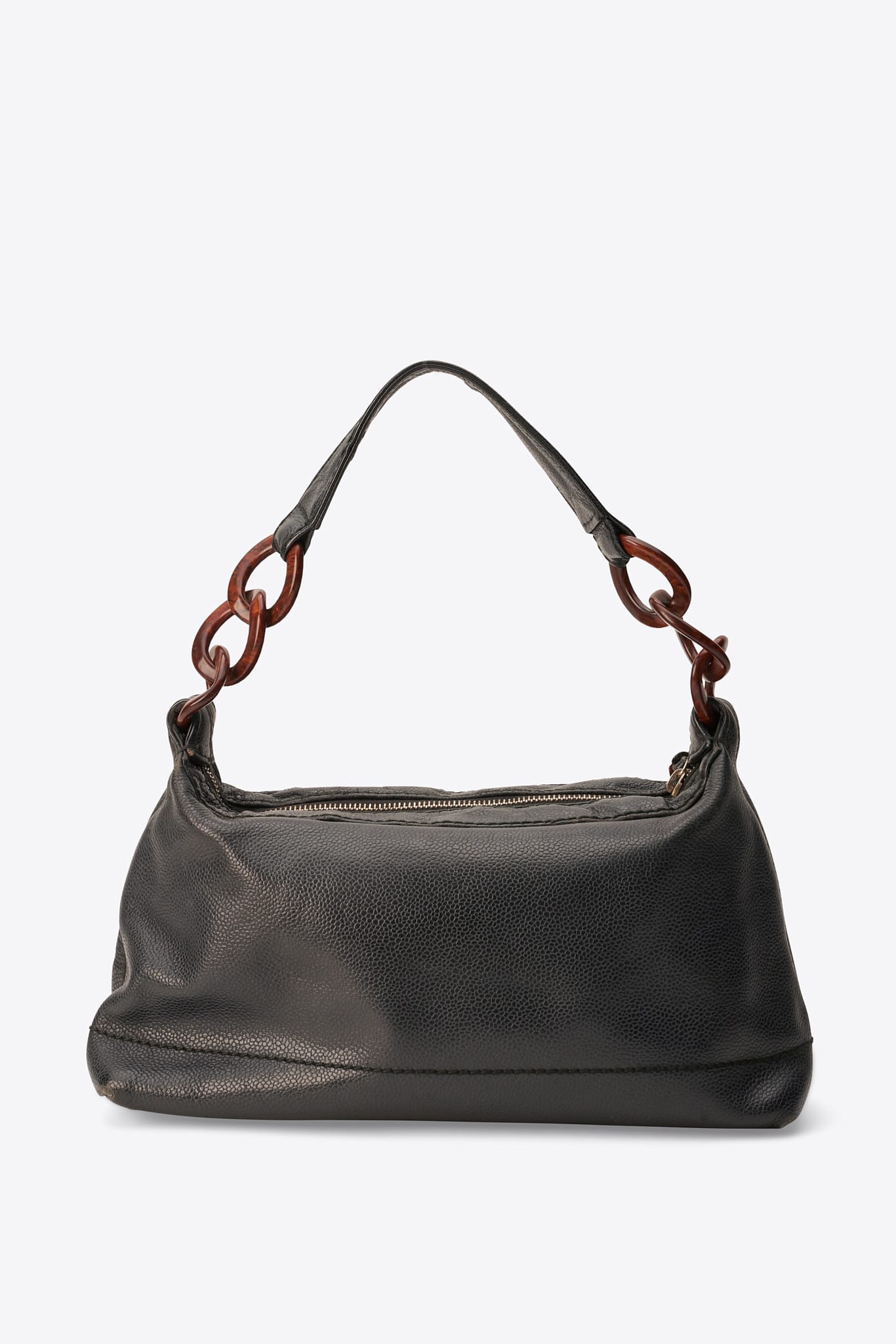 Vintage Chanel Black Caviar Leather Shoulder Bag with Wood Effect Chain