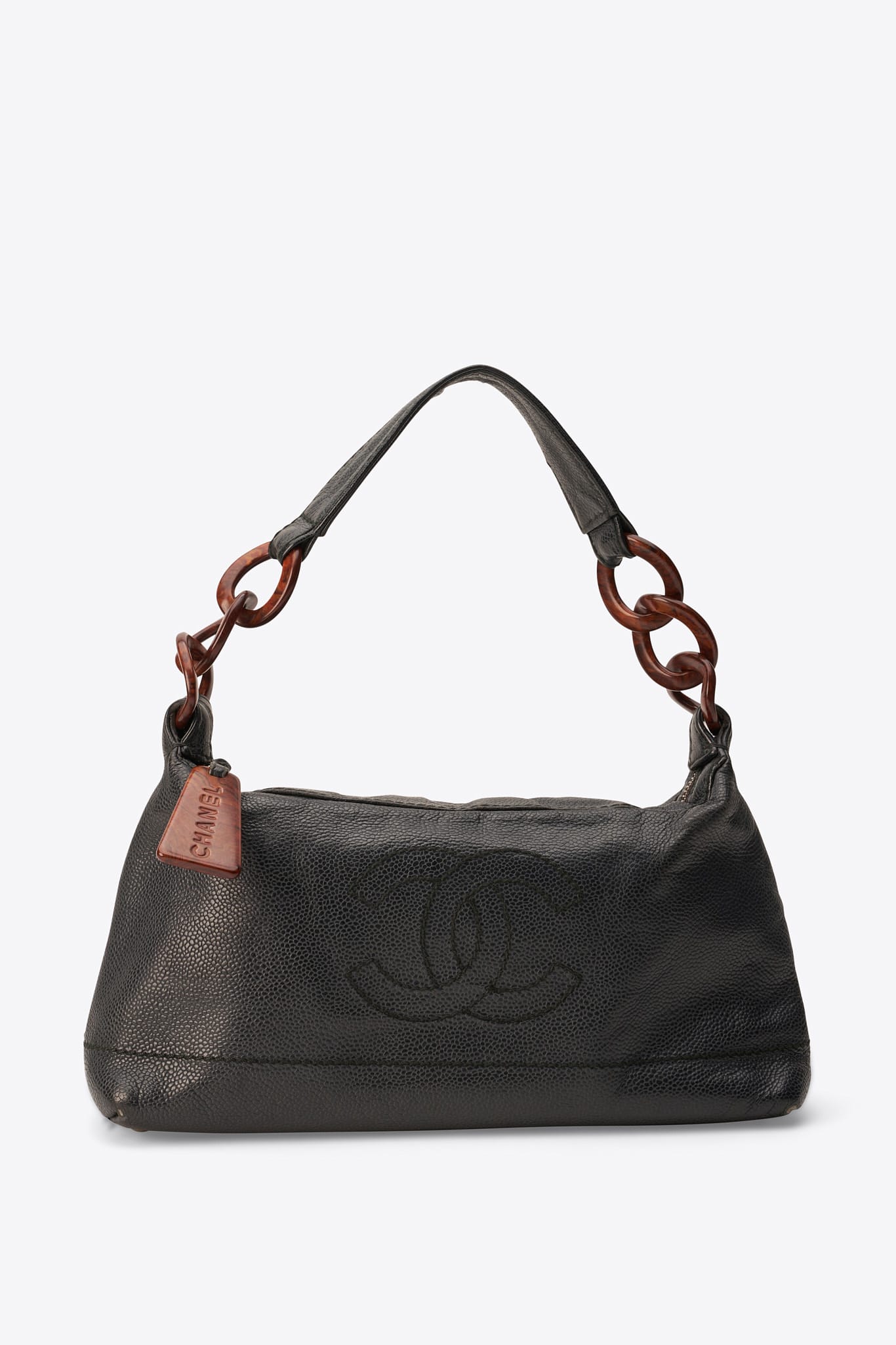 Vintage Chanel Black Caviar Leather Shoulder Bag with Wood Effect Chain
