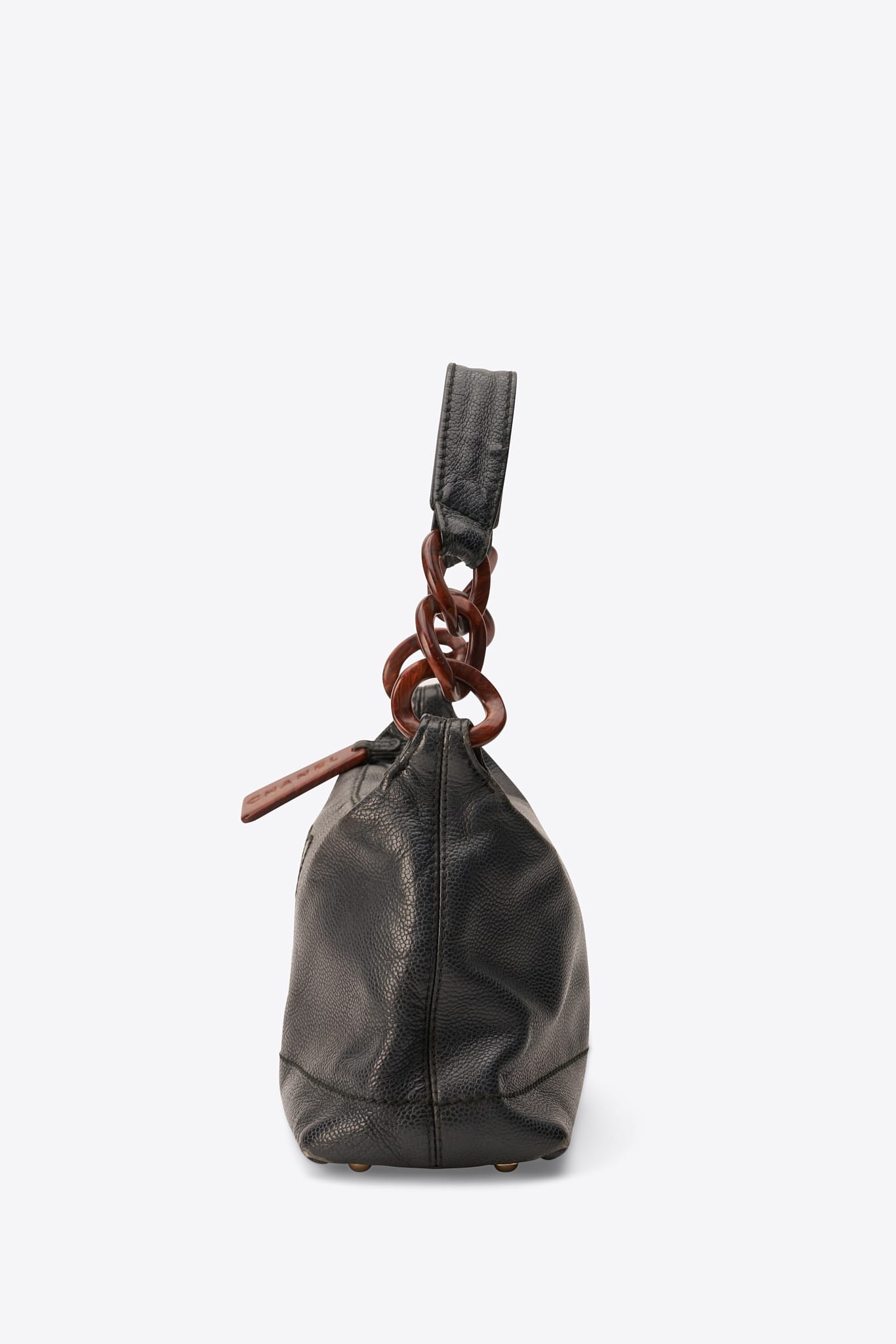 Vintage Chanel Black Caviar Leather Shoulder Bag with Wood Effect Chain