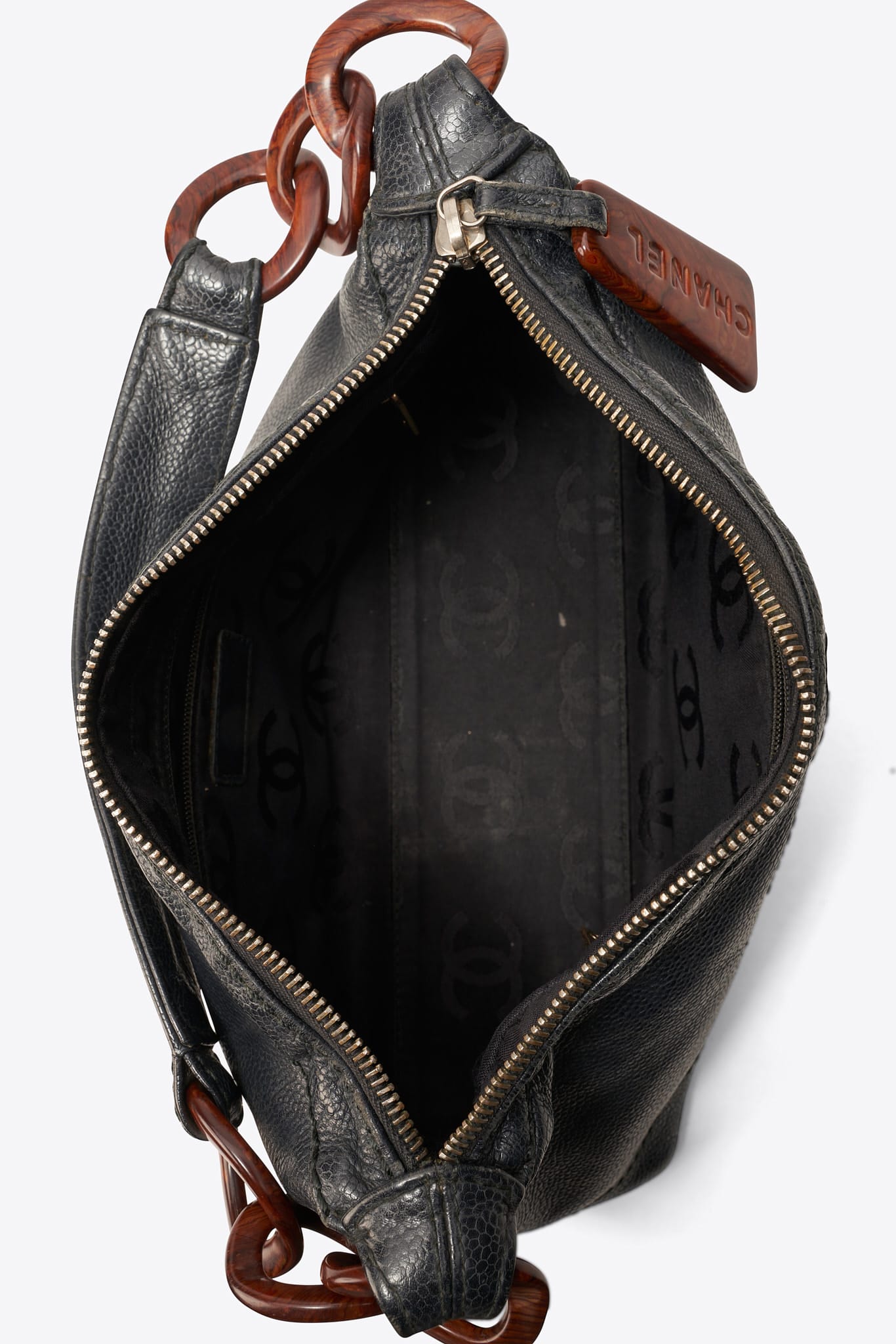 Vintage Chanel Black Caviar Leather Shoulder Bag with Wood Effect Chain