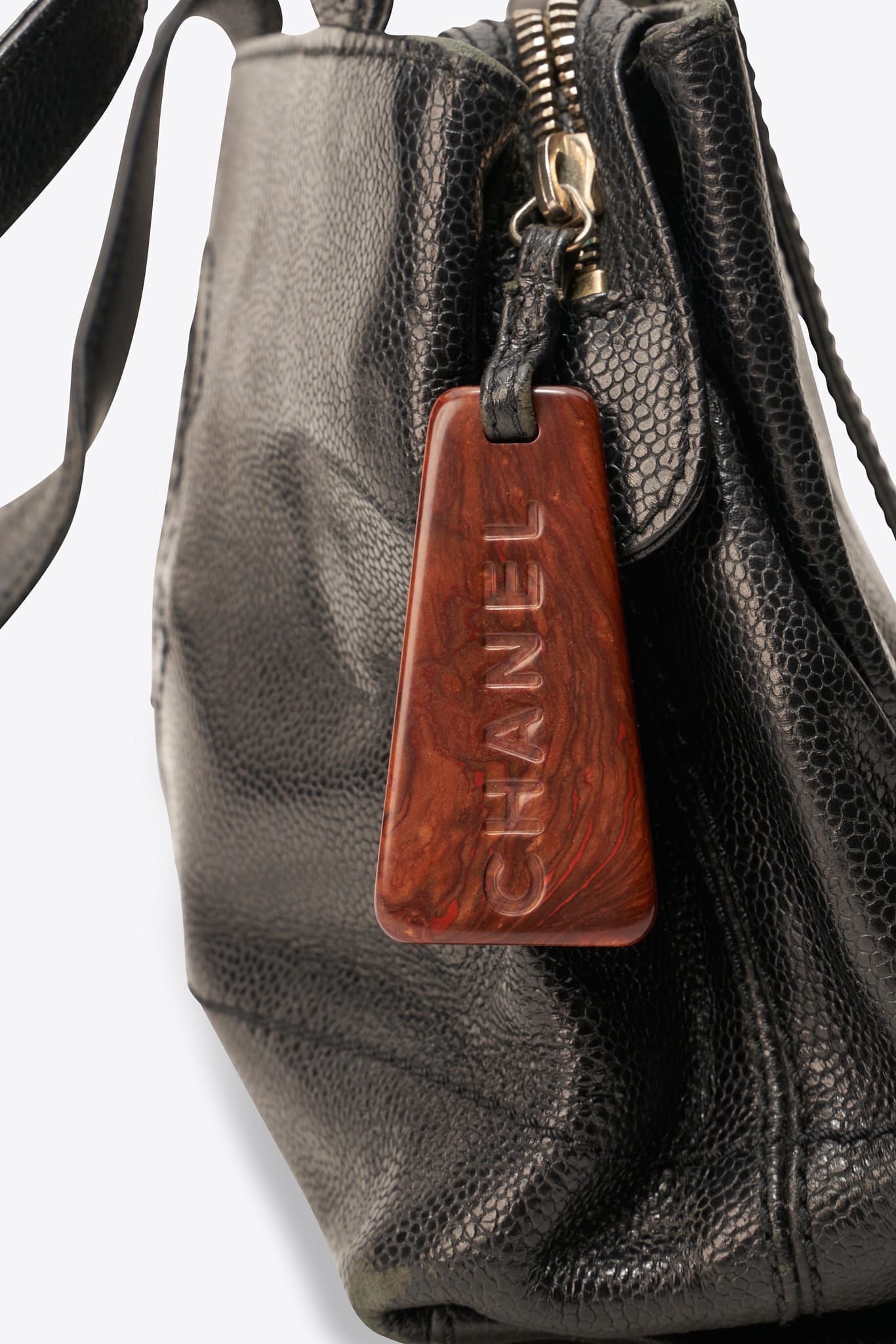Vintage Chanel Caviar Leather Shoulder Bag with Wood Effect Perspex Puller