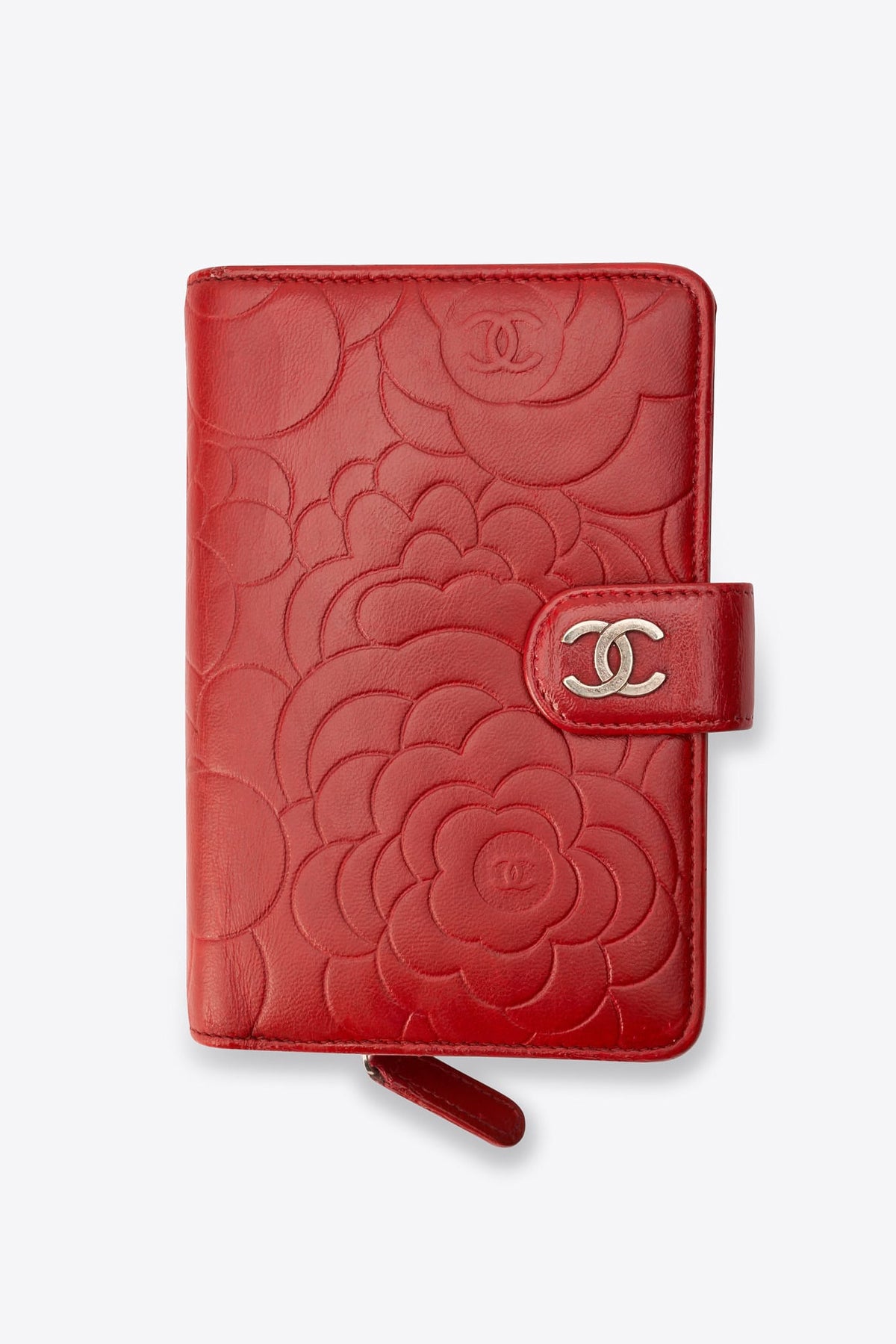 Chanel Red Leather Camellia Embossed Wallet