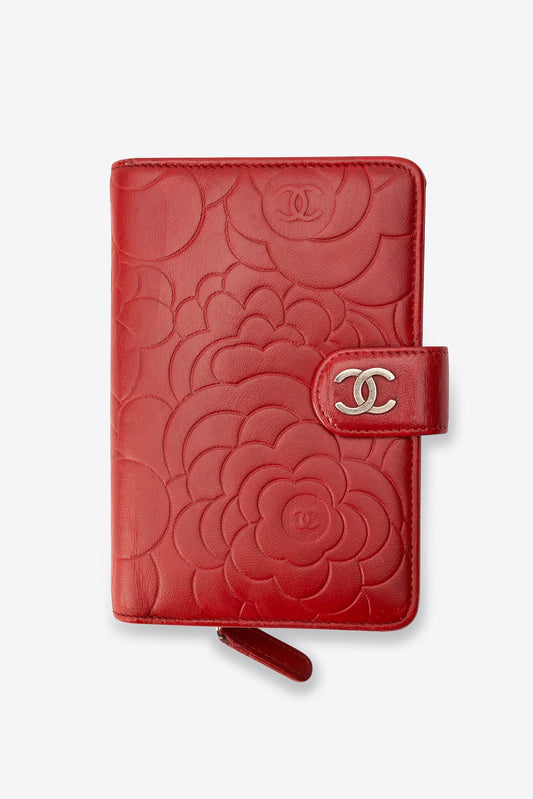 Chanel Red Leather Camellia Embossed Wallet