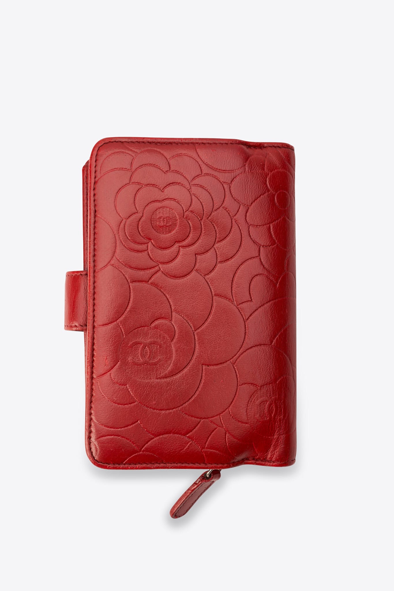 Chanel Red Leather Camellia Embossed Wallet