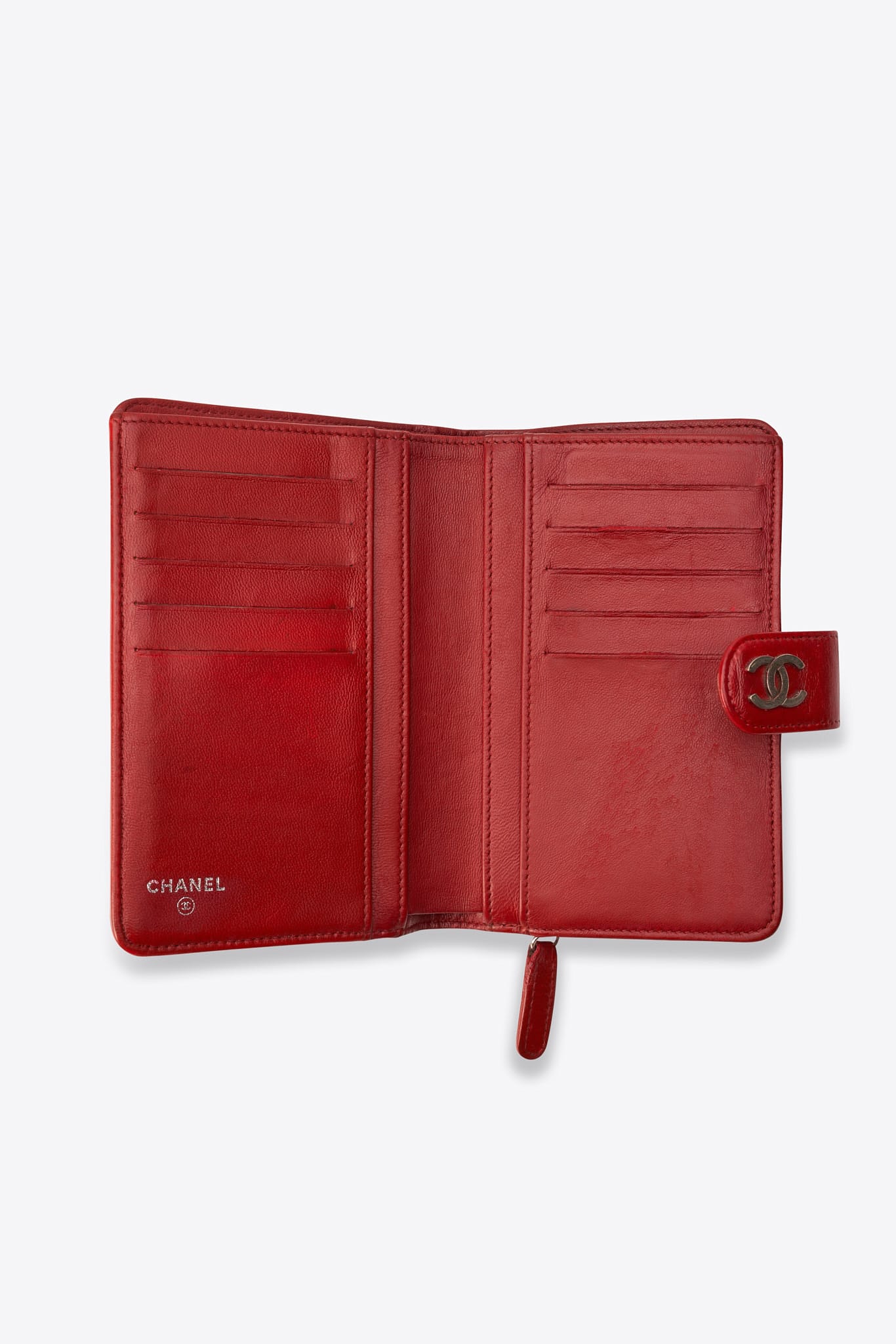 Chanel Red Leather Camellia Embossed Wallet