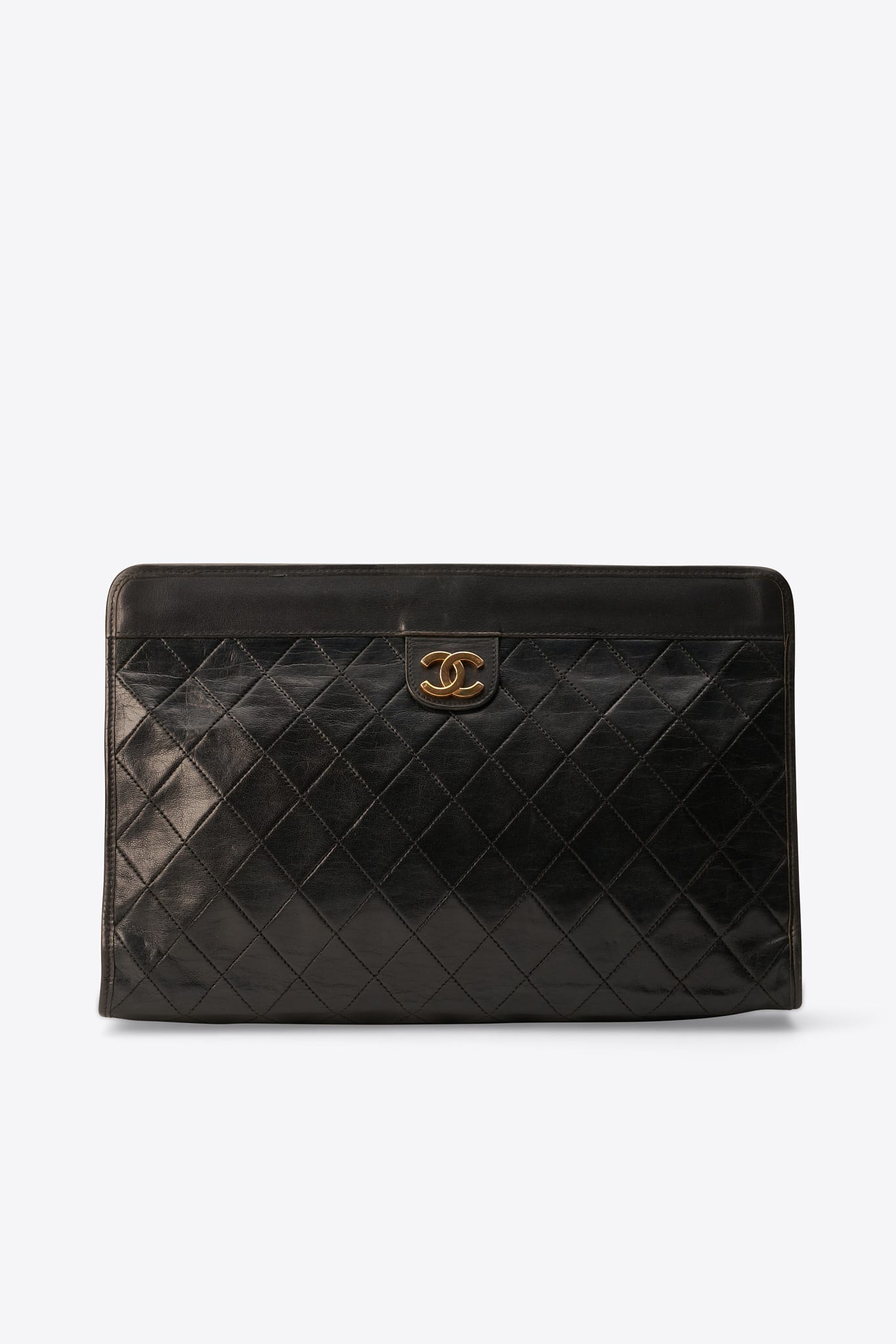 Vintage Chanel Black Leather Clutch Bag With 24k Gold Plated Hardware