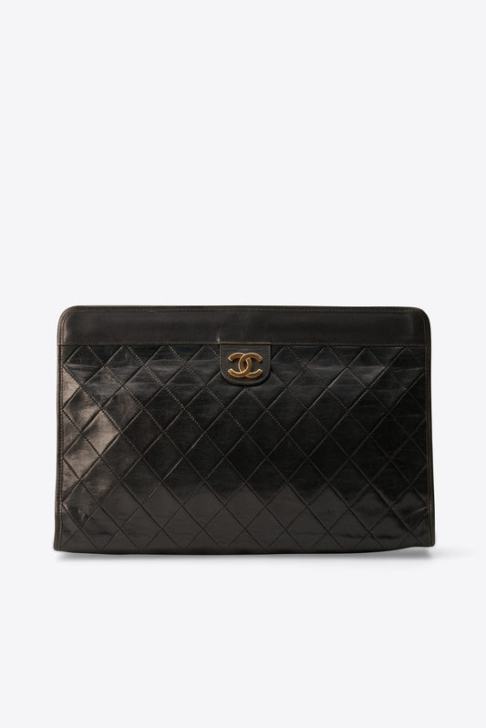 Vintage Chanel Black Leather Clutch Bag With 24k Gold Plated Hardware