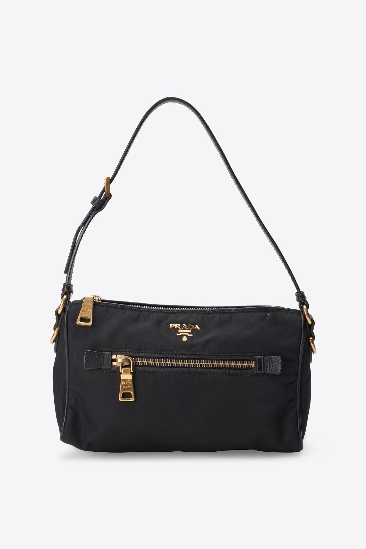 Vintage Prada Black Nylon Shoulder Bag With Gold Hardware