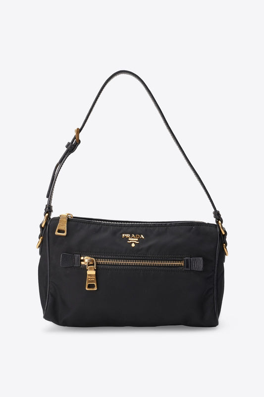 Vintage Prada Black Nylon Shoulder Bag With Gold Hardware