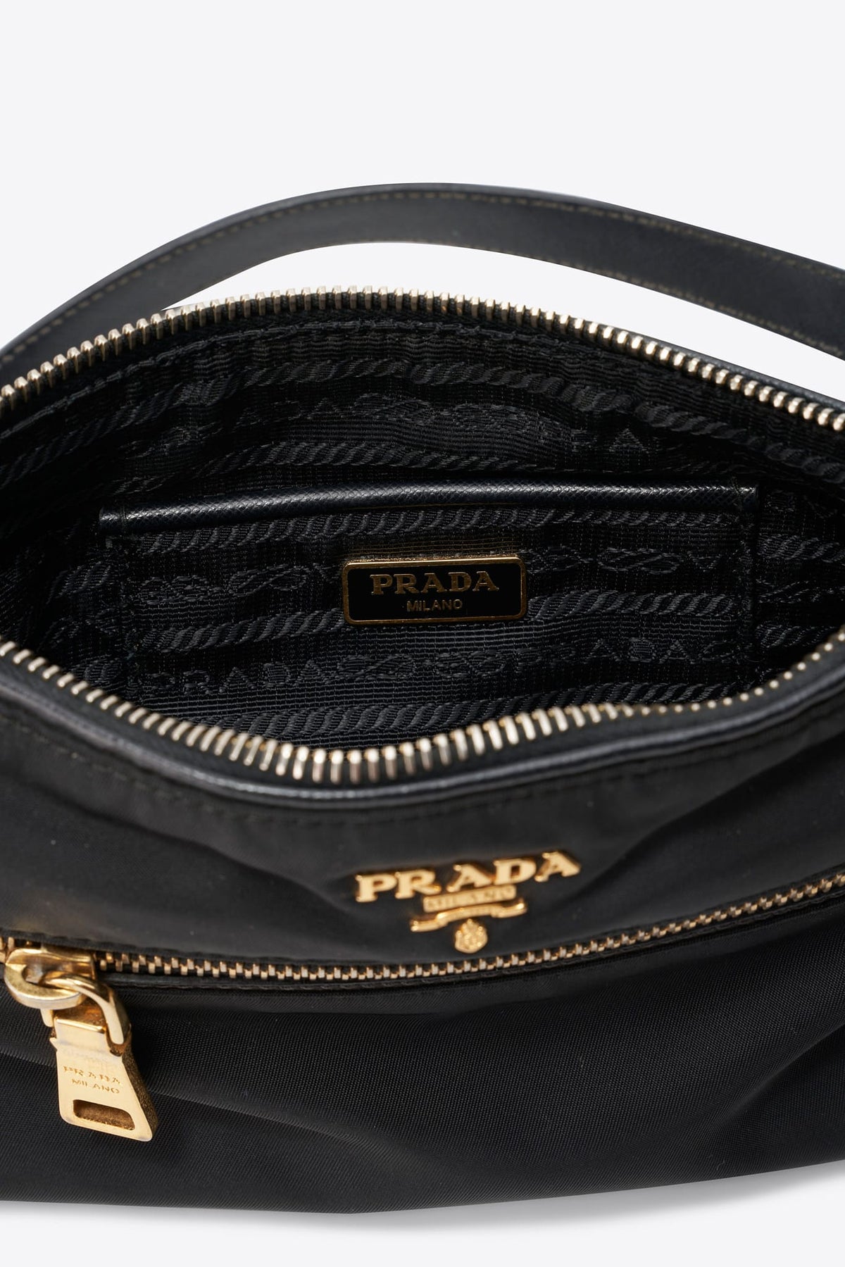 Vintage Prada Black Nylon Shoulder Bag With Gold Hardware