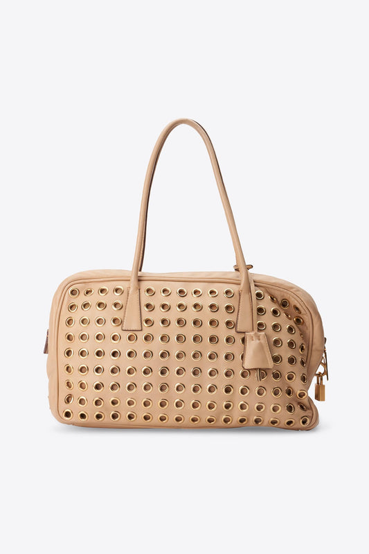 Vintage Prada Beige Leather Gold Eyelet Shoulder Bag
