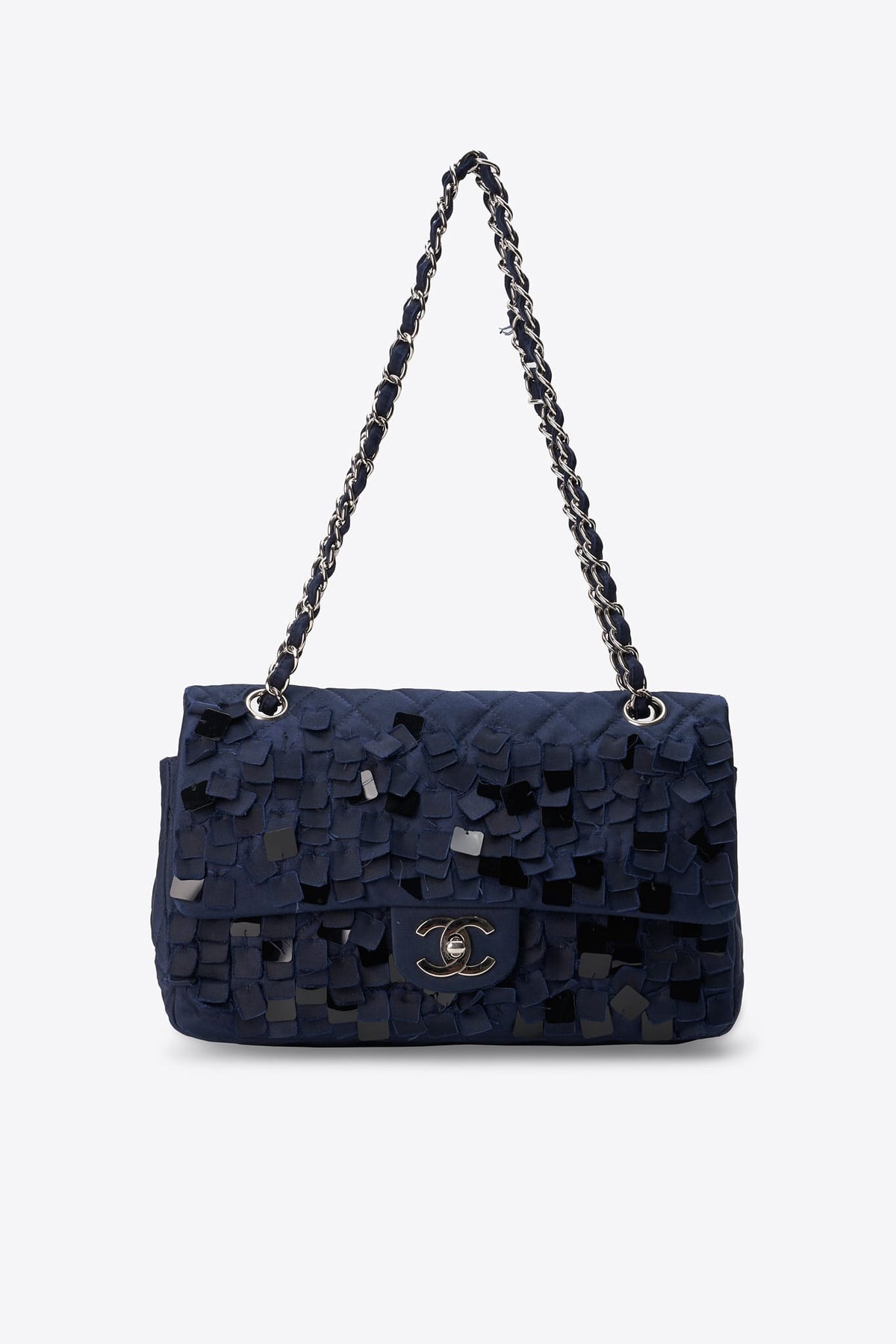 Vintage Chanel Navy Silk Sequin Double Flap Bag