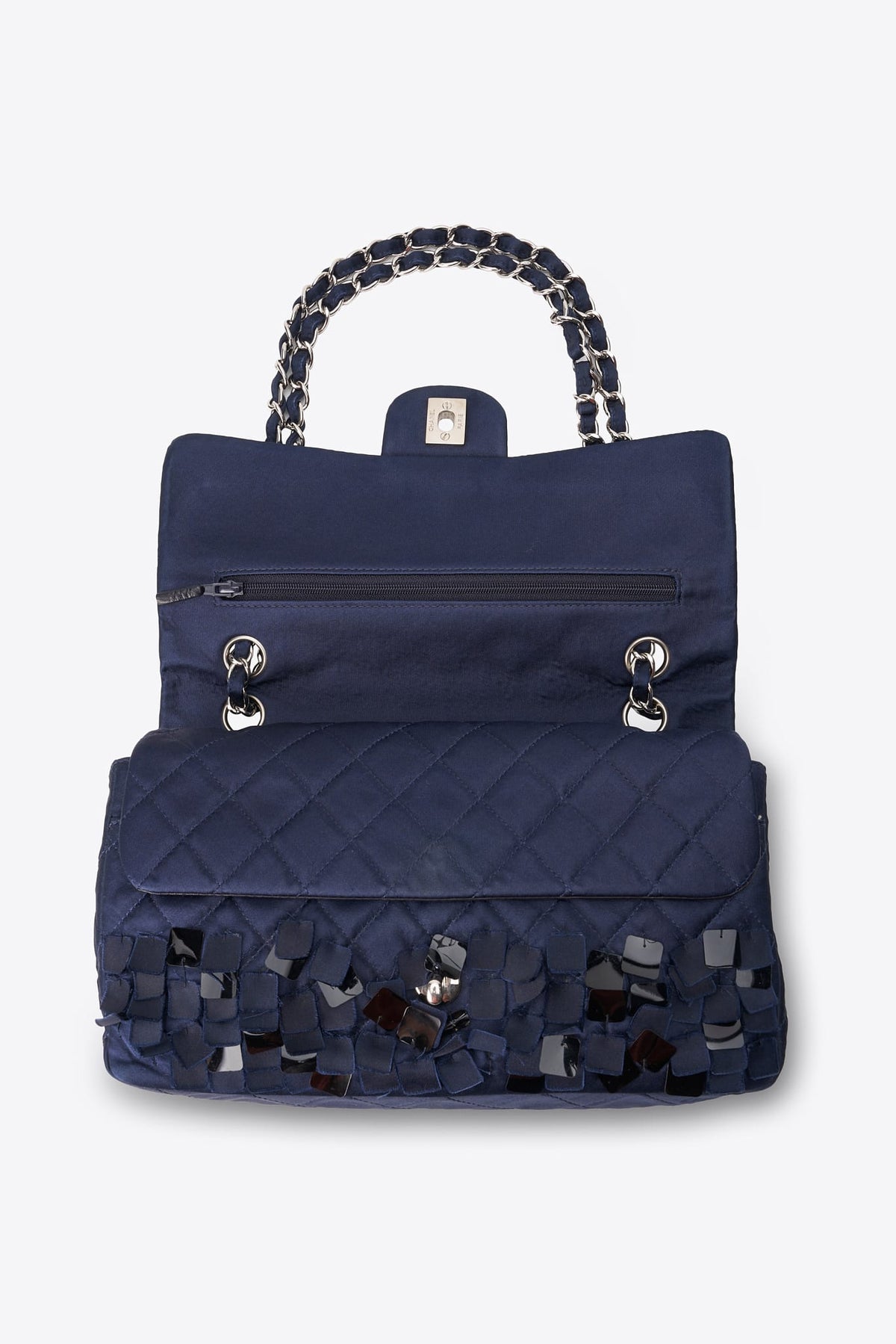 Vintage Chanel Navy Silk Sequin Double Flap Bag